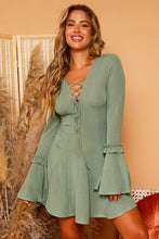 Load image into Gallery viewer, Sage Lace-Up Bell Sleeve Mini Dress
